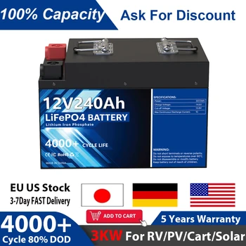 12V 200AH 240AH LiFePO4 Pack Слънчева Батерия 3 кВт 100% от Капацитета на Литиево-Йонна Фосфатная Батерия 4000 + Гориво За АВТОБУСА/Cart ЕС, САЩ, Без ДАНЪК