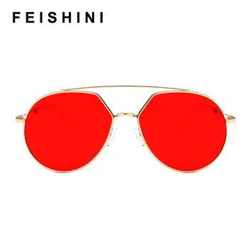 Feishini Тенденция Унисекс Големи Слънчеви Очила Дамски Реколта червени Пилотните Прозрачни Слънчеви Очила Мъжки Прозрачни очила В Метални Рамки