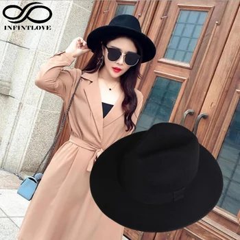 LUCKYLIANJI мода Мъже, Жени Реколта вълна фетровая шапка Панама Джаз мека мъжка шапка с широка периферия лък елегантни черни шапки 57 см, регулиране на