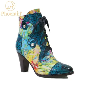 Phoentin/Ботильоны от естествена кожа; Дамски обувки с ръчно рисувани; дамски зимни цветни къси ботуши на висок ток с остър пръсти; FT1186