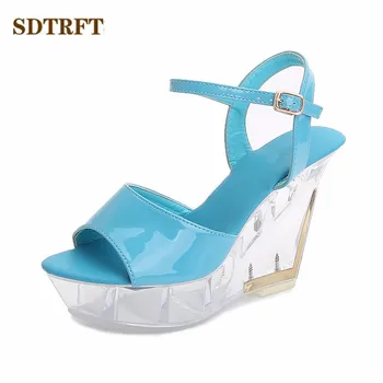 SDTRFT/дамски обувки с отворени пръсти; прозрачни сандали на танкетке и висок ток; zapatos mujer; сандали на висок ток 10 см; сватбени обувки-лодка с катарама