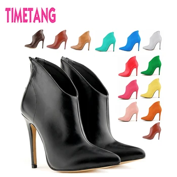 TIMETANG/ Дамски Модни Ботильоны, Елегантни дамски Къси Ботуши на Висок Ток с остър Пръсти и Шипове, 15 Цвята, женски модела обувки в ярки Цветове 0