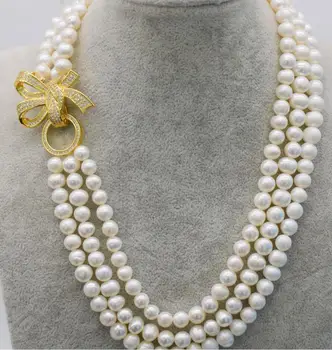 Безплатна доставка Натурален 3 редица сладководни бели перли почти през цялата перли 7-8 мм 18-20