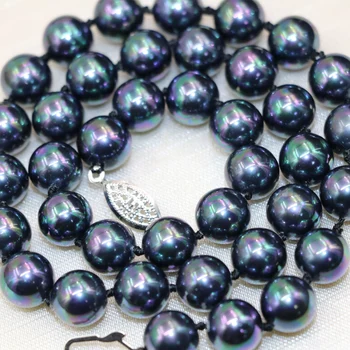 Безплатна доставка черно естествени перли във формата на миди 10 мм кръгли мъниста огърлица за жени на булката на сватбата paety подаръци направи си сам бижута 18 инча B2929