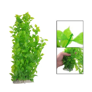 Декорация на водни Растения от Пластмасови Зелени Листа от 40 см за Аквариум с Рибки