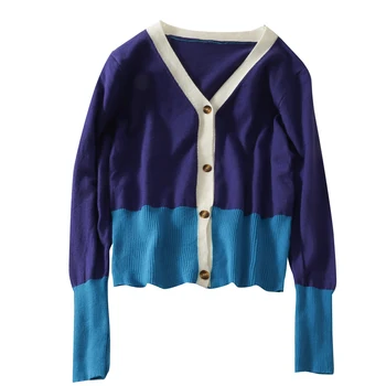 Есента тънък однобортный пуловер с дълги ръкави и V-образно деколте, нов стил, контрастная цветна линия