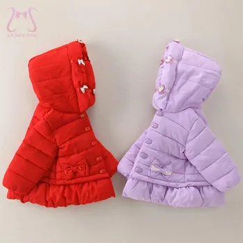 Зимен Зимен Гащеризон за малки момичета, Однотонная Топло яке-пуховик, Модерно детско памучно палто с качулка и лък, детски тела от 0 до 3 години 0