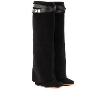 Зимни дамски ботуши над коляното, дамски ботуши на танкетке, дизайнерски обувки, черни велурени и кожени ботуши кайсиев цвят, сиви