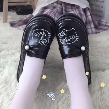 Малки кожени обувки Hello Kitty с кръгло бомбе, Униформи Sanrio Jk, студентски обувки на плосък ток, Жените Удобни Универсални Кожени обувки
