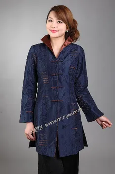 Ново тъмно синьо женско атласное палто копчета с аппликацией във формата на Цвете, Дълго яке за майките на Средна възраст, Класически дрехи, в размер от S до 4XL, NJ35