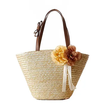 НОВОСТ-Дамски Плетени плажни Сламени чанти за рамо с цветния нос и панделка (Основният цвят) 0