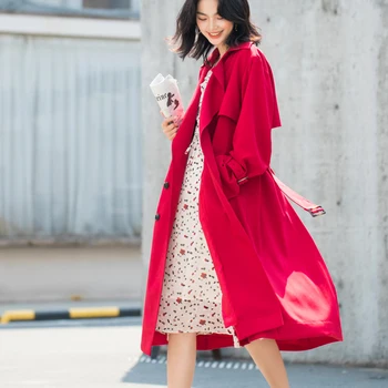 През зимата и есента палта, дамски дамски дрехи 2019, есенна мода, червено, бяло, тъмно синьо палто със средна дължина, с колан, тренч, офис Връхни дрехи