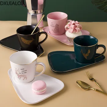 Проста керамични кафеена чаша и чиния, комплект за закуска, леки закуски, следобеден чай, креативна чаша в европейски стил със злато 201-300 мл