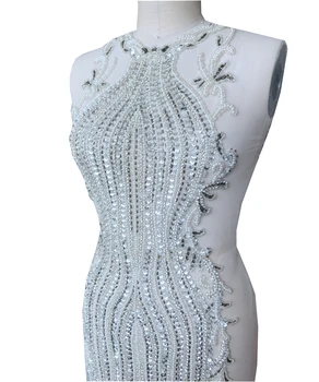 апликация за голямо тяло, ръчно изработени, сребристо-бели кристали, режийни ивици, апликация на елече за сватбена рокля 1