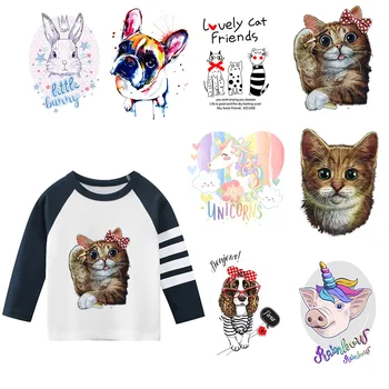 Мультяшная теплопередача с животни, комбинирана печат, Желязо детска тениска, цветни еднорог, сладък котка, свиня, прасе, облекло за кучета, ивици 1