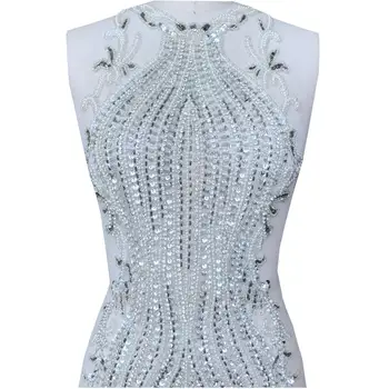 апликация за голямо тяло, ръчно изработени, сребристо-бели кристали, режийни ивици, апликация на елече за сватбена рокля 2