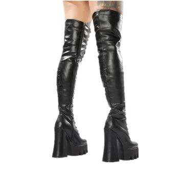 MKKHOU/Модни дамски ботуши над коляното, Нови стръмни черни Кожени обувки на платформа с появата на шнур, женски ботуши на много висок ток 3