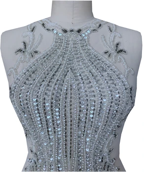 апликация за голямо тяло, ръчно изработени, сребристо-бели кристали, режийни ивици, апликация на елече за сватбена рокля 3