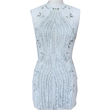 апликация за голямо тяло, ръчно изработени, сребристо-бели кристали, режийни ивици, апликация на елече за сватбена рокля 5